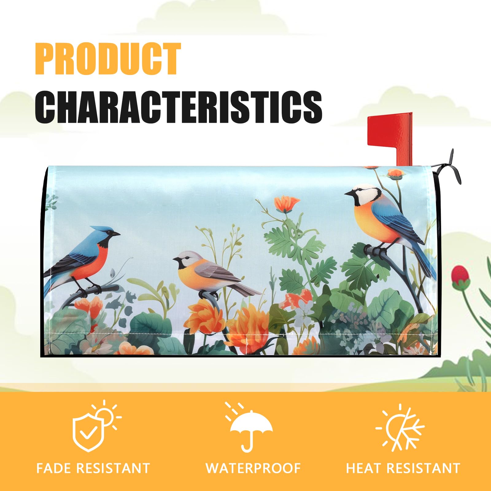 Neeklinny Spring Flowers and Birds mailbox cover with magnetic backing for tool-free installation