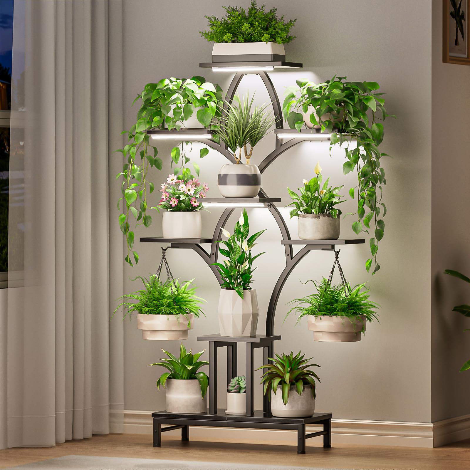 NEHAJUNXI plant stand with grow lights in a 63-inch tall corner configuration.