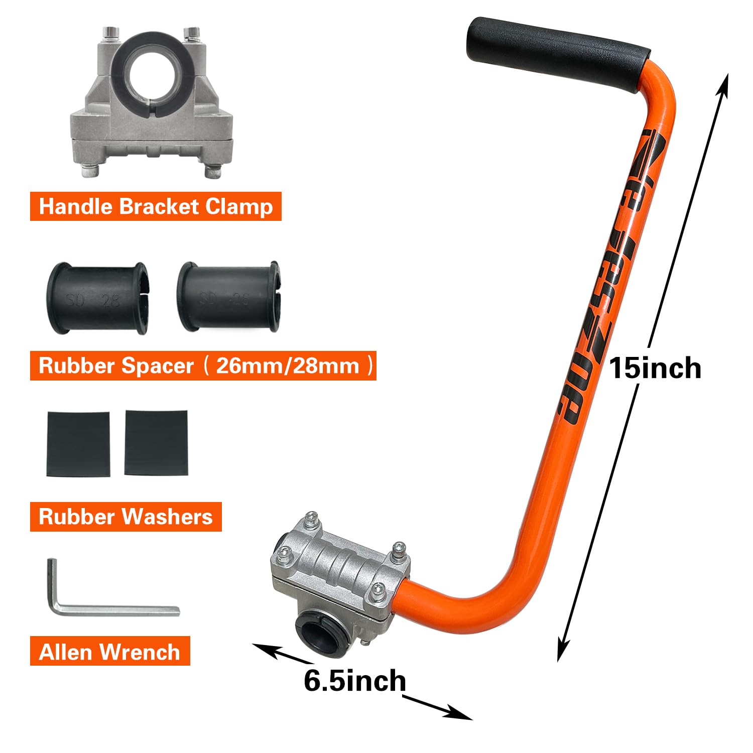 NeJesZoe bracket clamp view shows quick, secure attachment on a trimmer shaft.