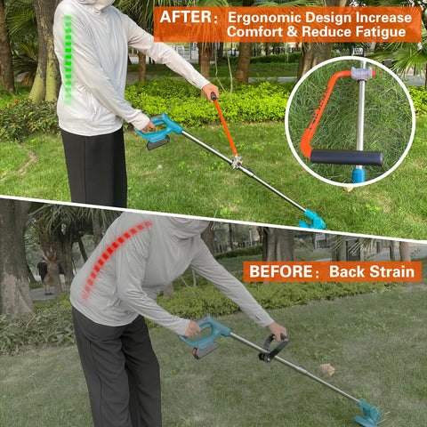NeJesZoe ergonomic trimmer grip orange-black side view supports steady control on uneven ground.