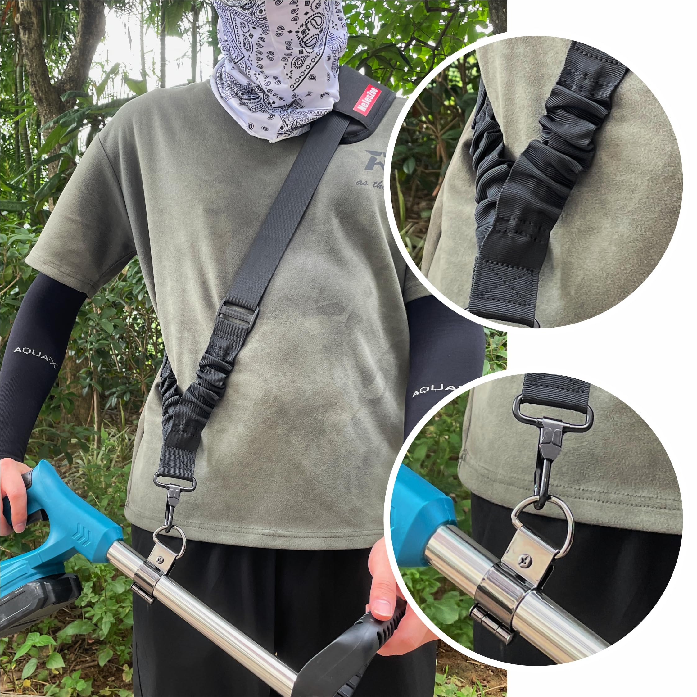 NeJesZoe trimmer strap with bungee elastic cushions weight for easier trimming.