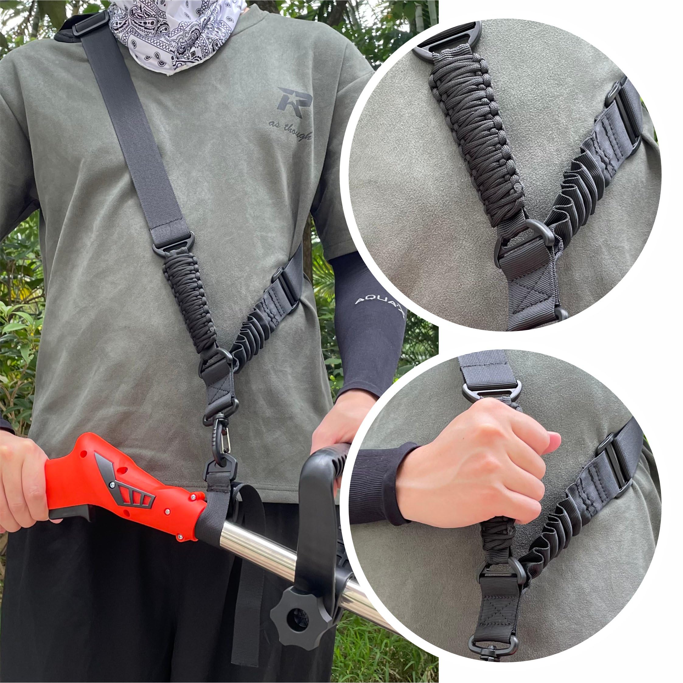 NeJesZoe elastic bungee design cushions heavy trimmer weight for easier handling.