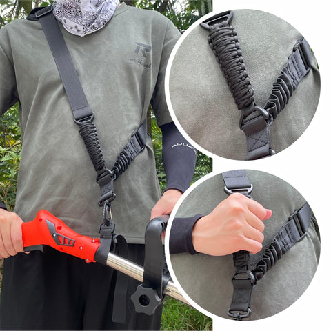 NeJesZoe elastic bungee design cushions heavy trimmer weight for easier handling.