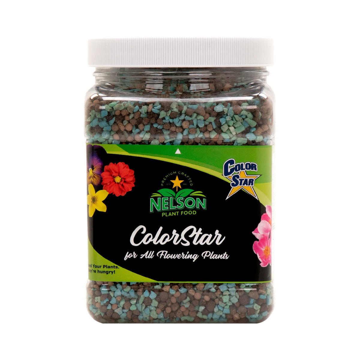 Nelson ColorStar bottle label showing nutrient-dense formula for vibrant blooms.