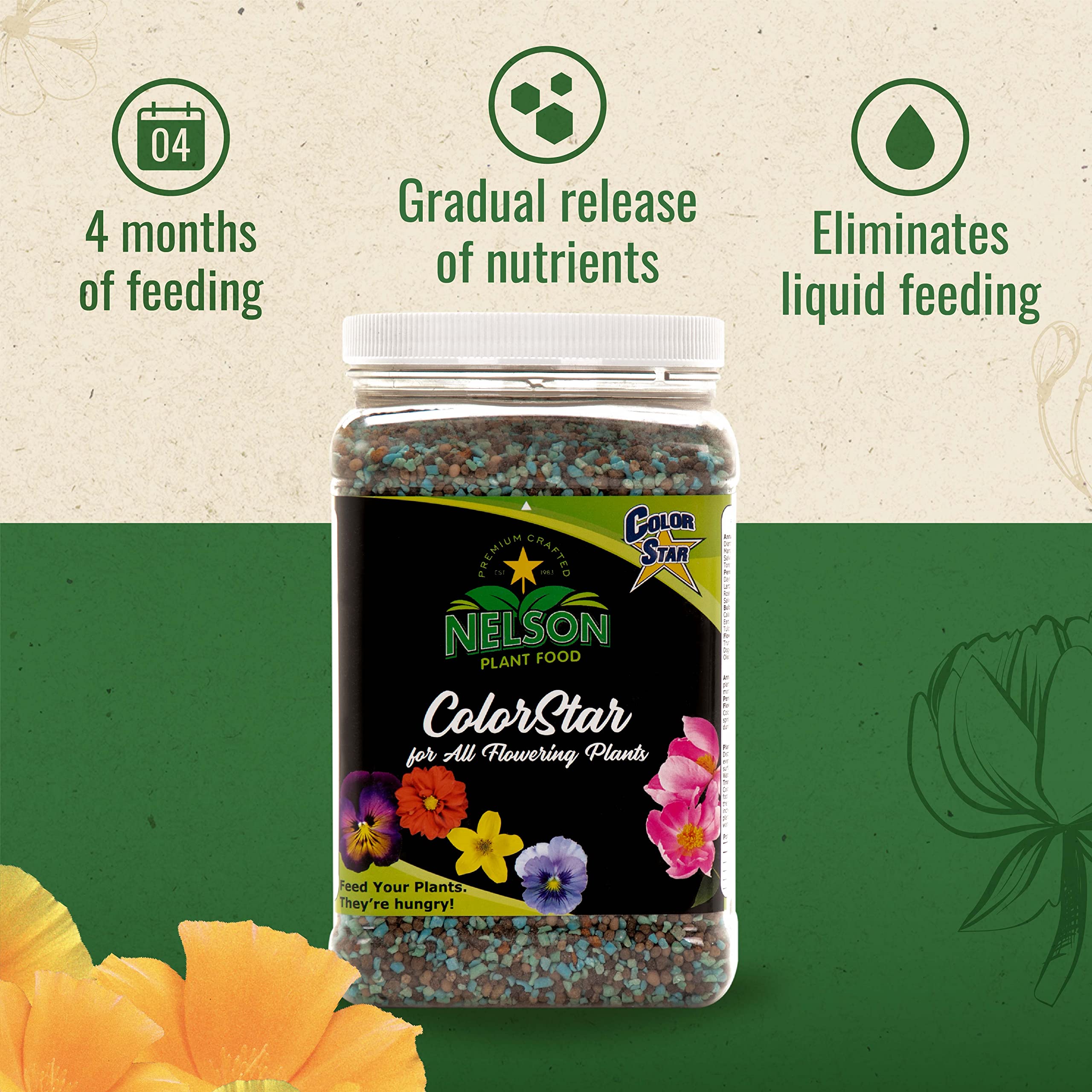 Nelson ColorStar outdoor garden in full bloom enhanced by nutrient-dense feed.
