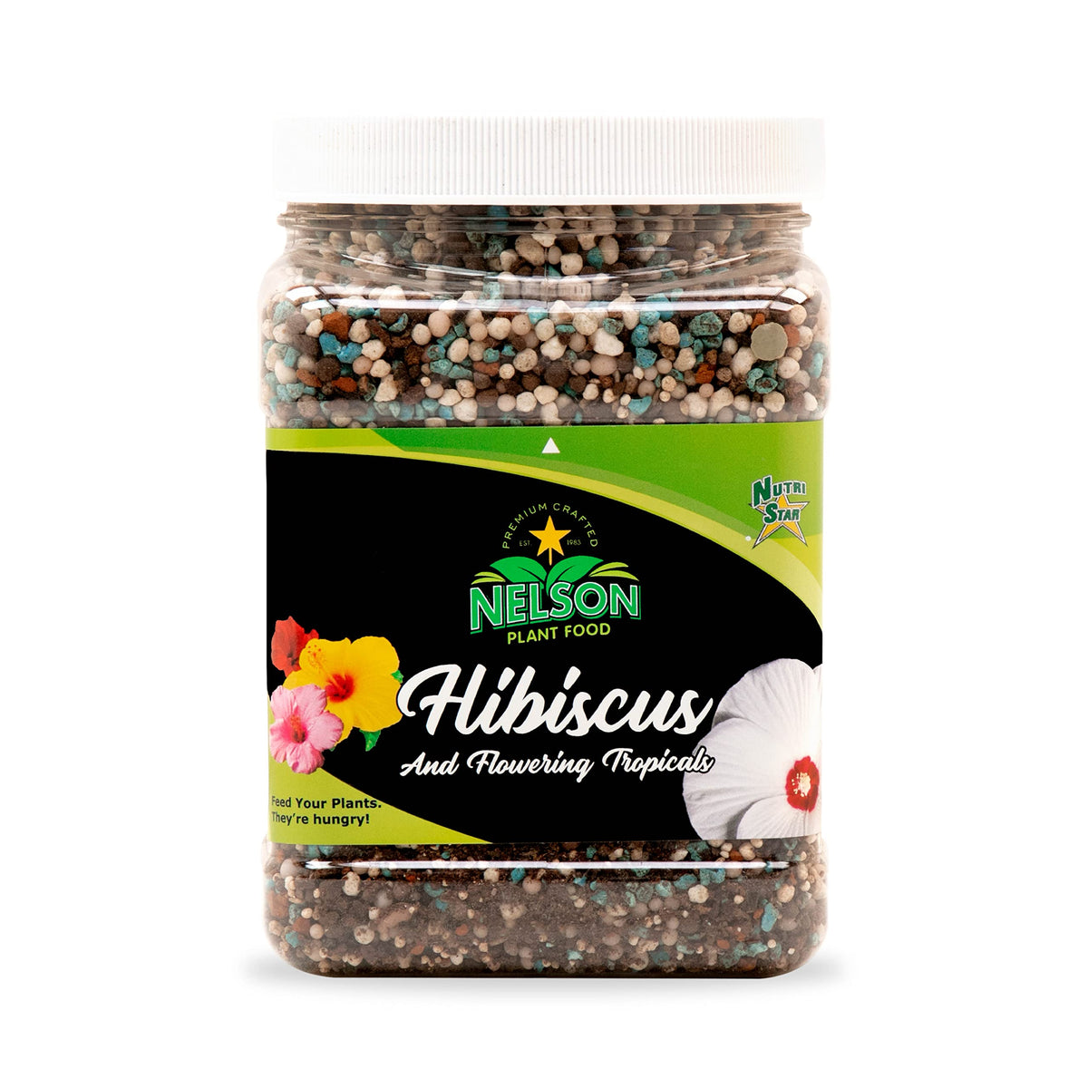 Nelson NutriStar Hibiscus granules provide slow-release feeding for vibrant tropical blooms.
