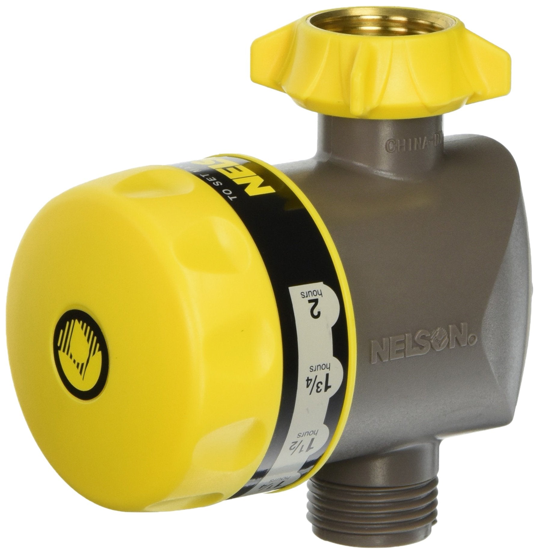 Nelson Shut-Off Water Timer close-up shows brass timer for precise, hands-free garden watering.
