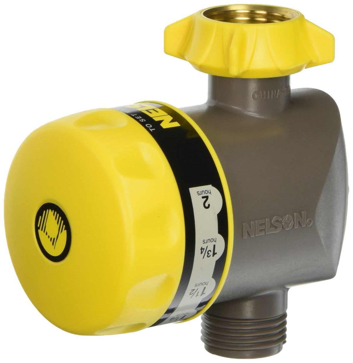 Nelson Shut-Off Water Timer close-up shows brass timer for precise, hands-free garden watering.