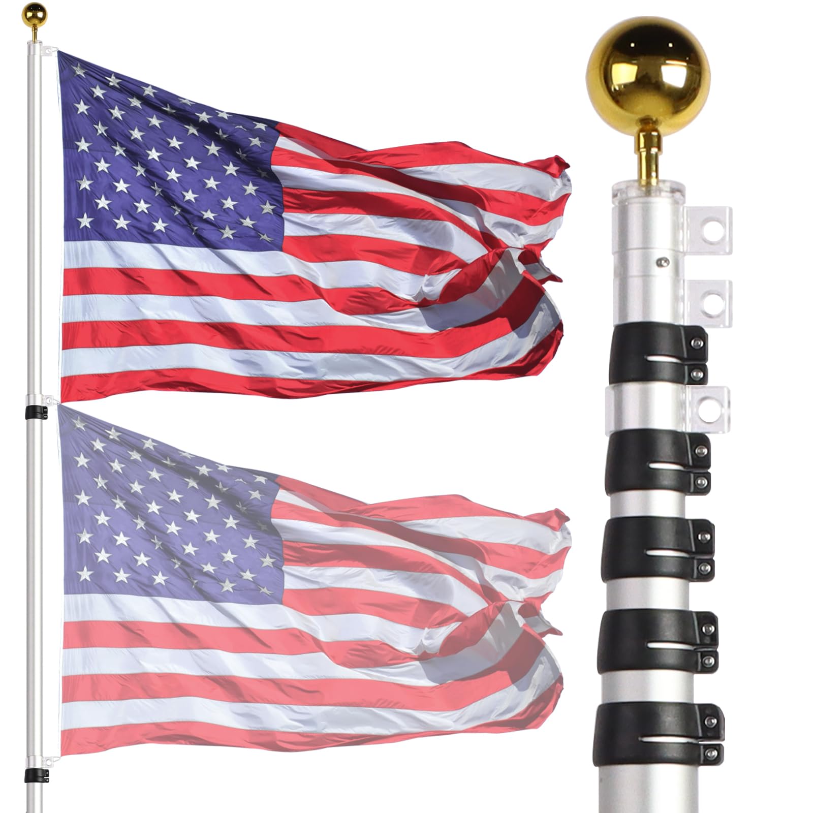 NELXINJO 20ft telescoping flag pole in silver, ideal for prominent outdoor displays.