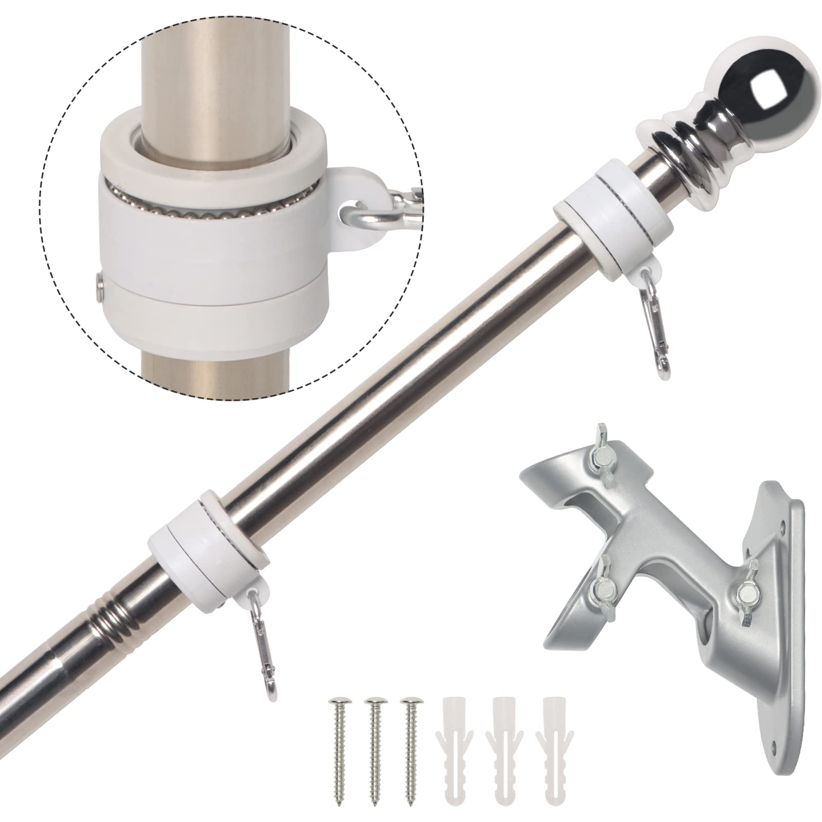 NELXINJO 5FT flag pole with bracket, front view, polished stainless steel finish