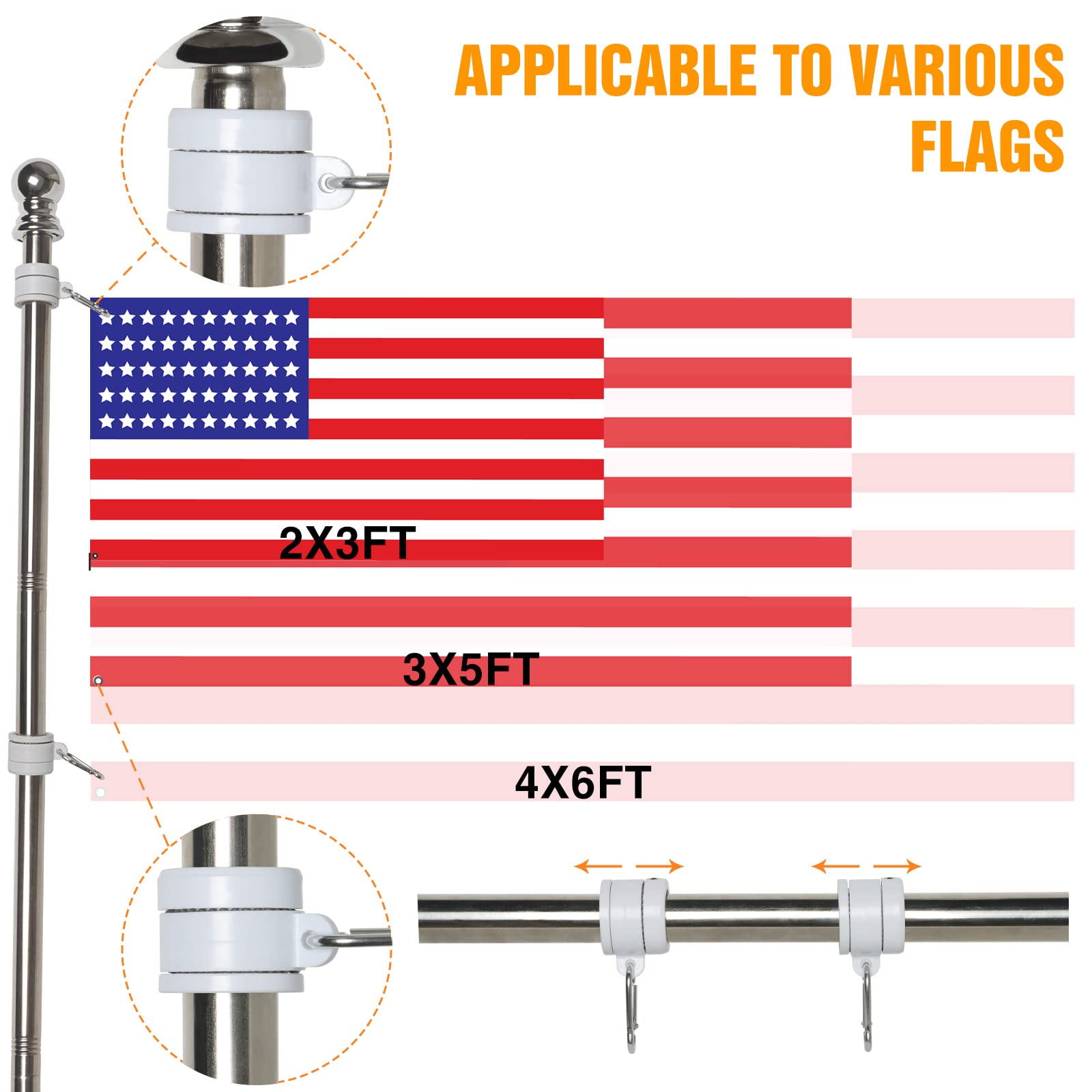 NELXINJO stainless steel flag pole with tangle-free bearings for smooth spins