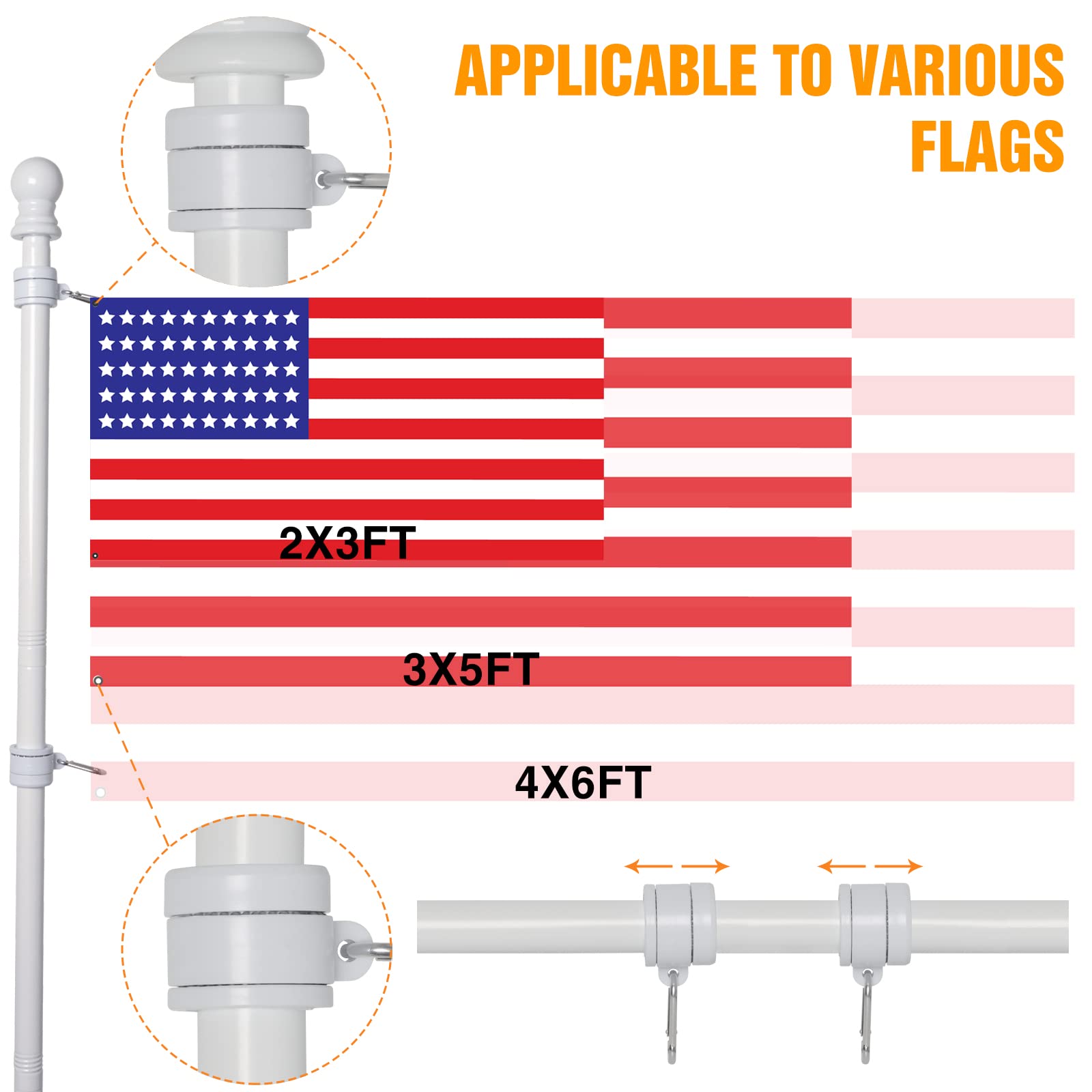 NELXINJO tangle-free rotation rings keep flags unfurled and unfettered by wind.