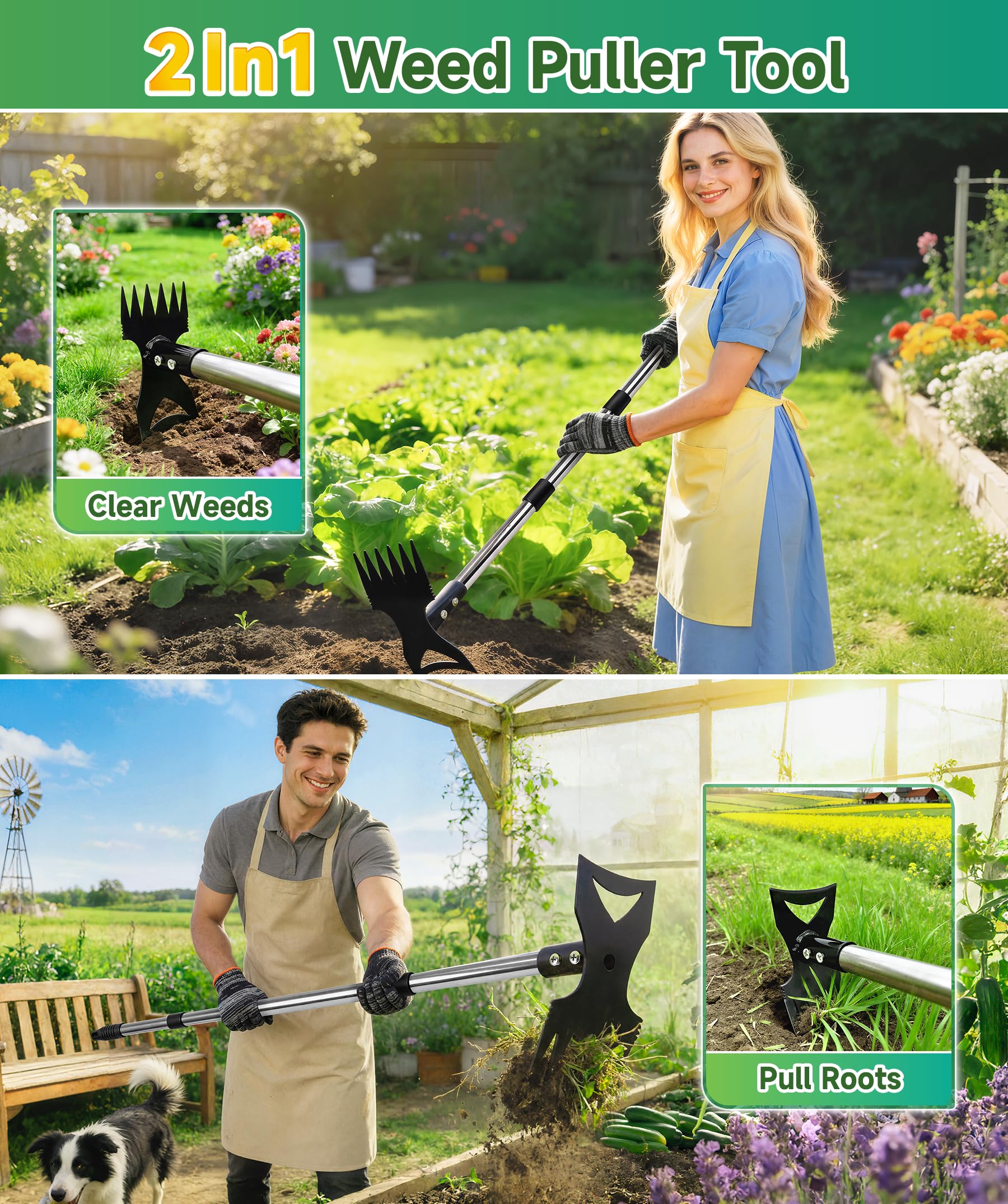 Nelyeqwo 2-in-1 weed rake and hoe for fast weed removal