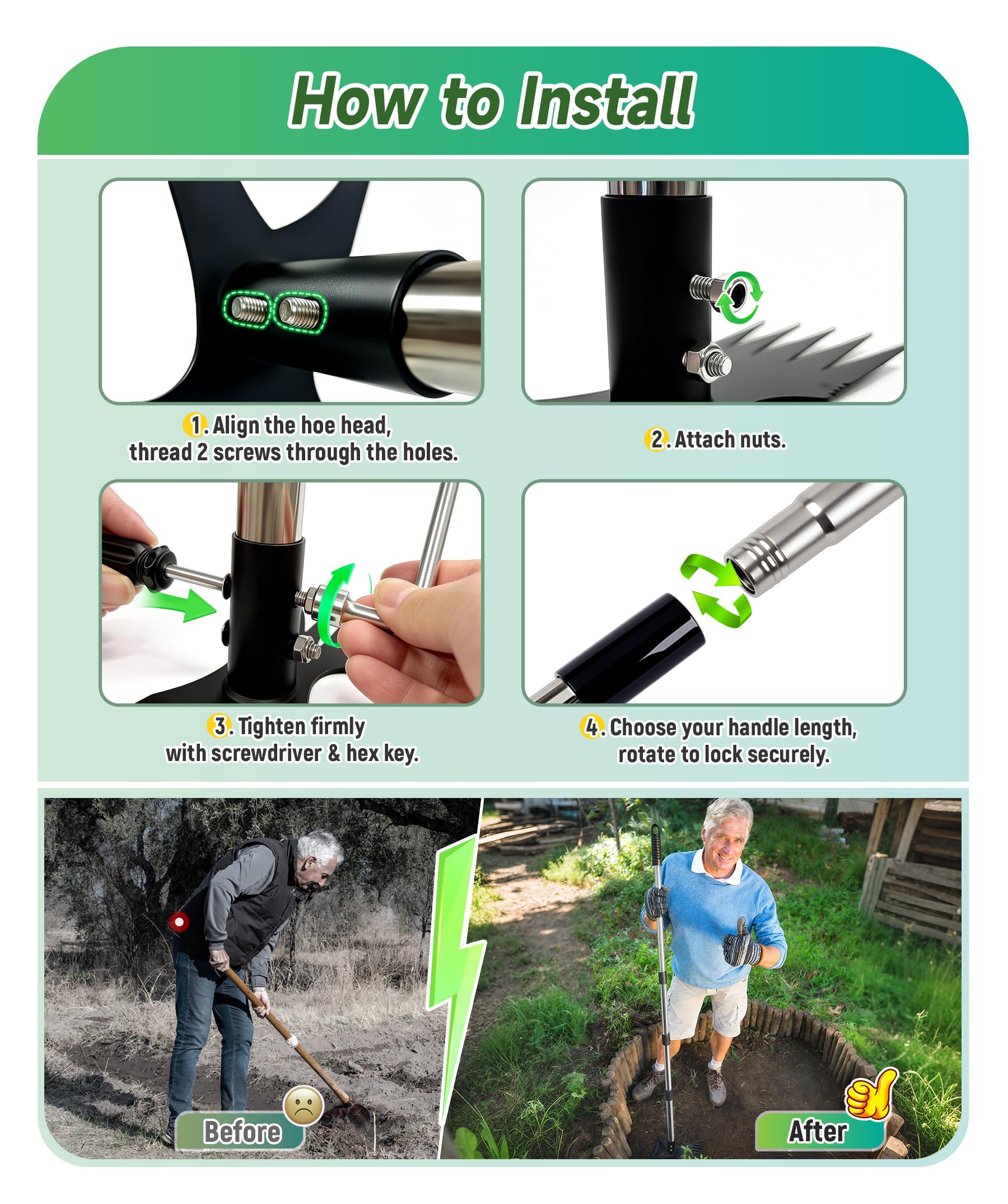5-section detachable handle extended for adjustable reach