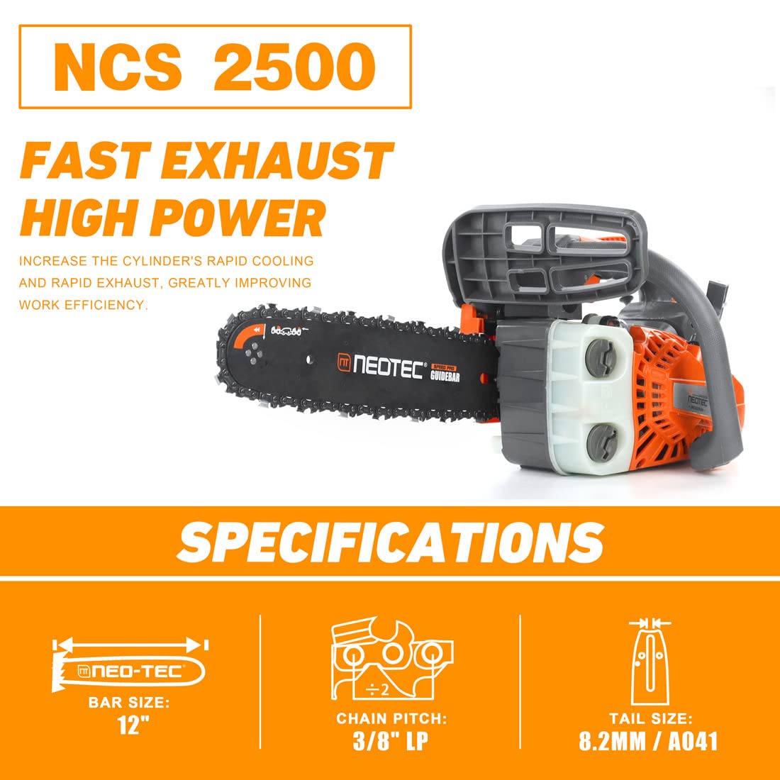 NEO-TEC 12 inch top-handle chainsaw side view highlighting easy handling for pruning tasks.