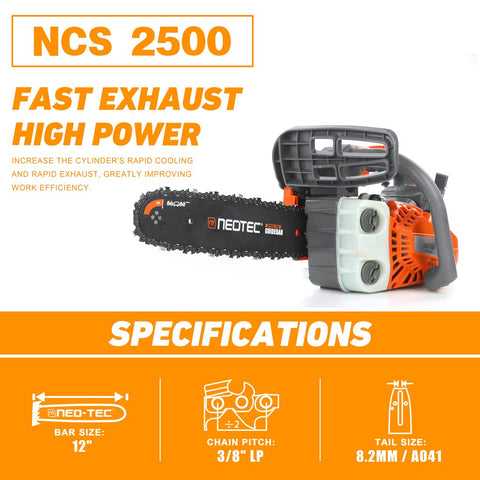 NEO-TEC 12 inch top-handle chainsaw side view highlighting easy handling for pruning tasks.