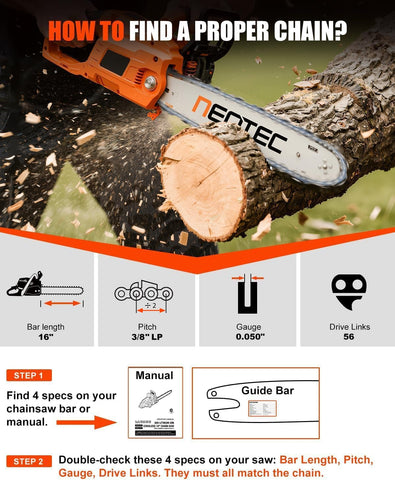 Close-up of NEO-TEC 16-inch chain teeth highlighting rugged semi-chisel design.