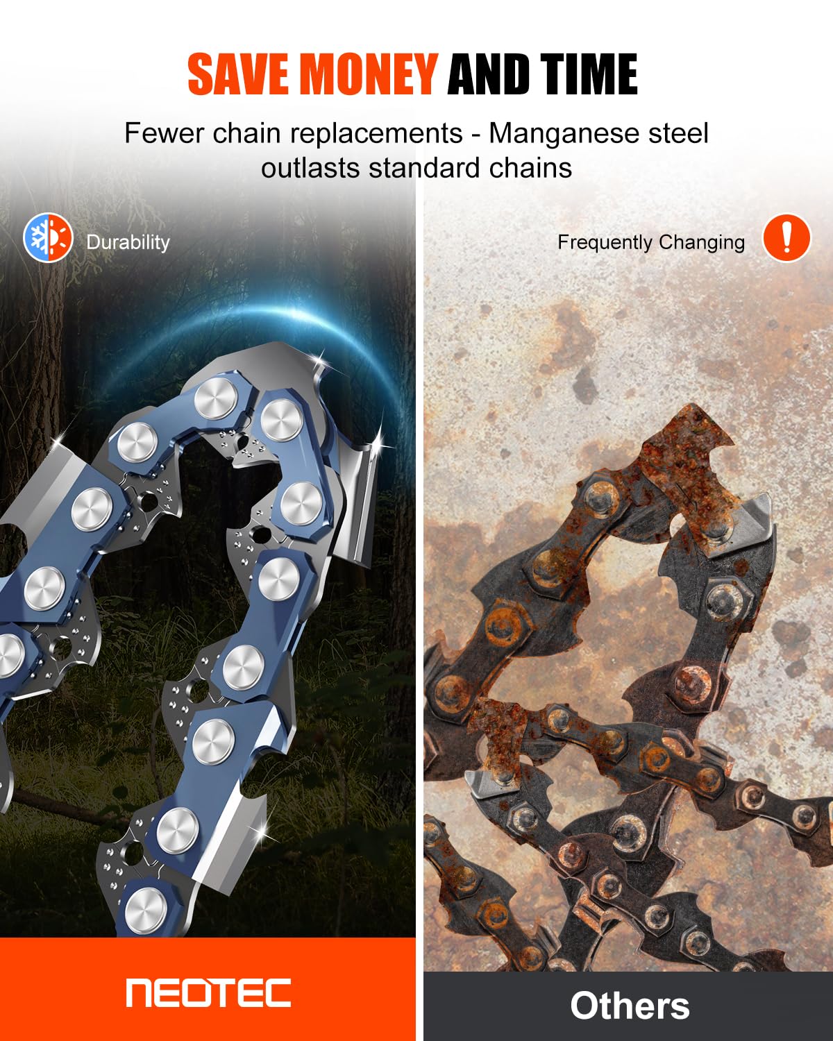Drive links 56 of the NEO-TEC 16-inch chain for broad compatibility.