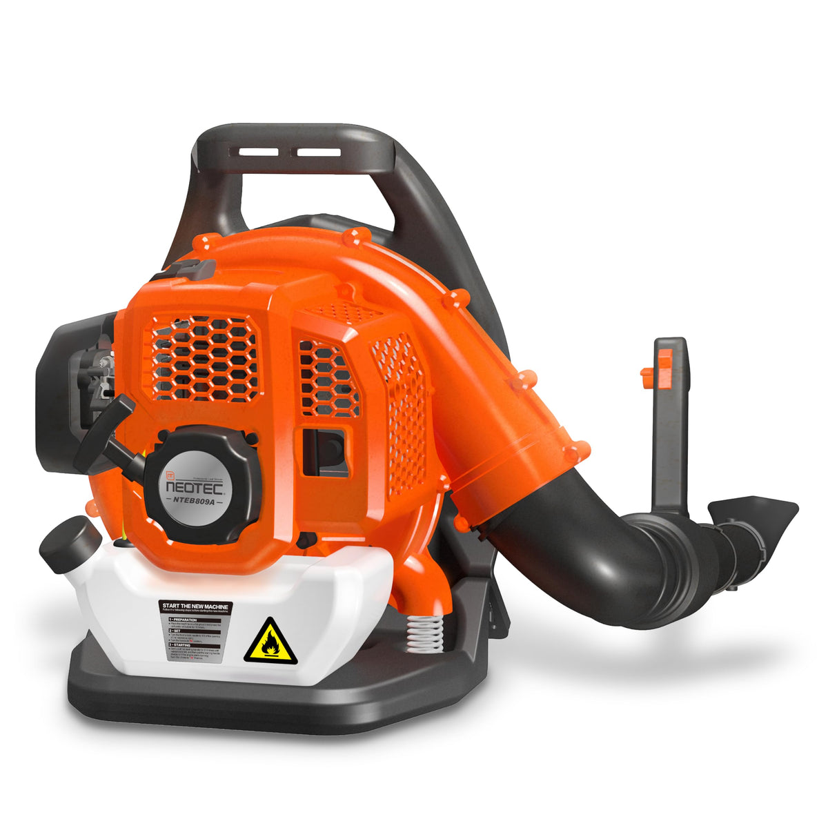 Neo-TEC 52cc backpack blower with padded harness reduces fatigue during large yard cleanups.