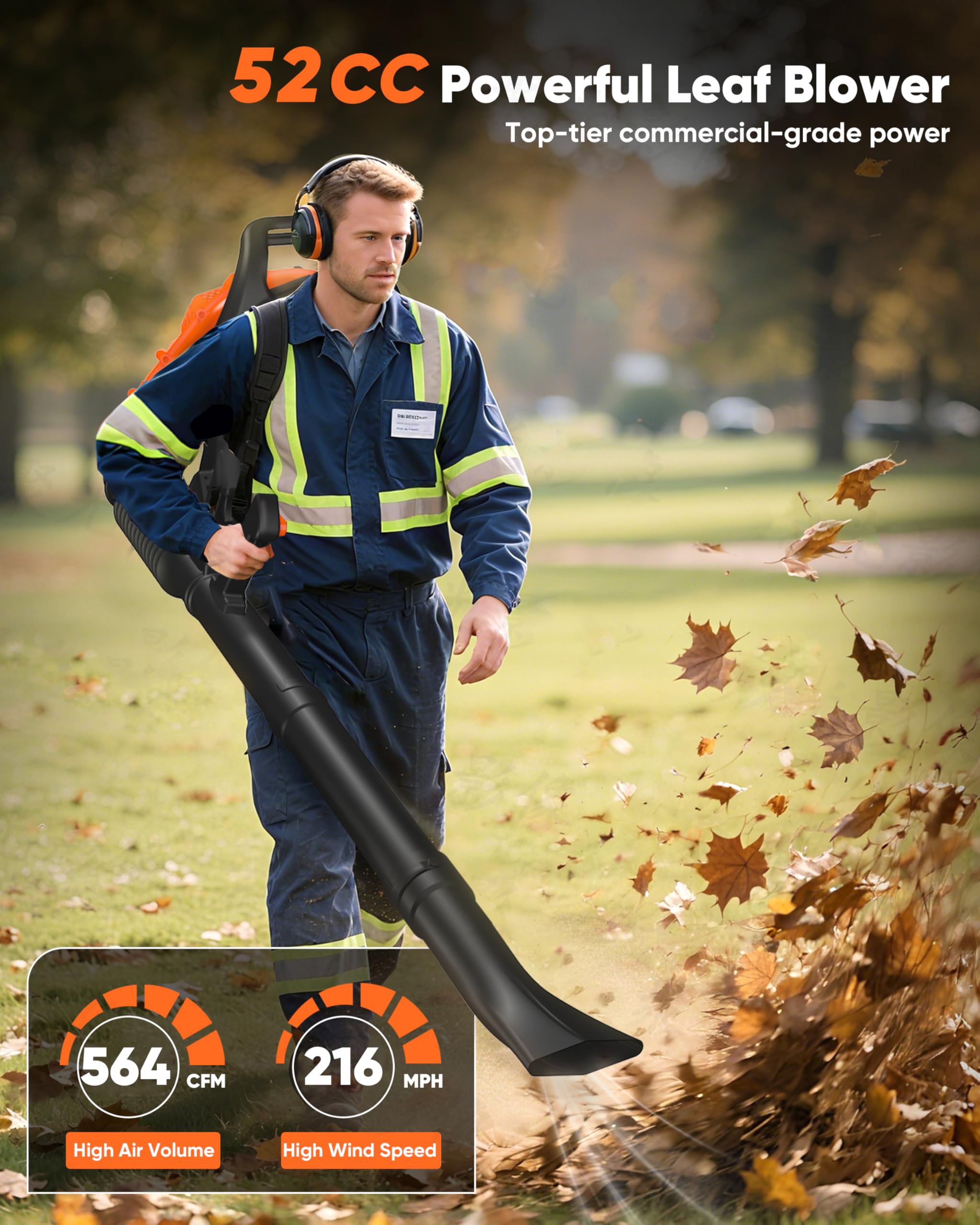 Neo-TEC backpack blower demonstrates 564 CFM airflow for quick debris clearance.