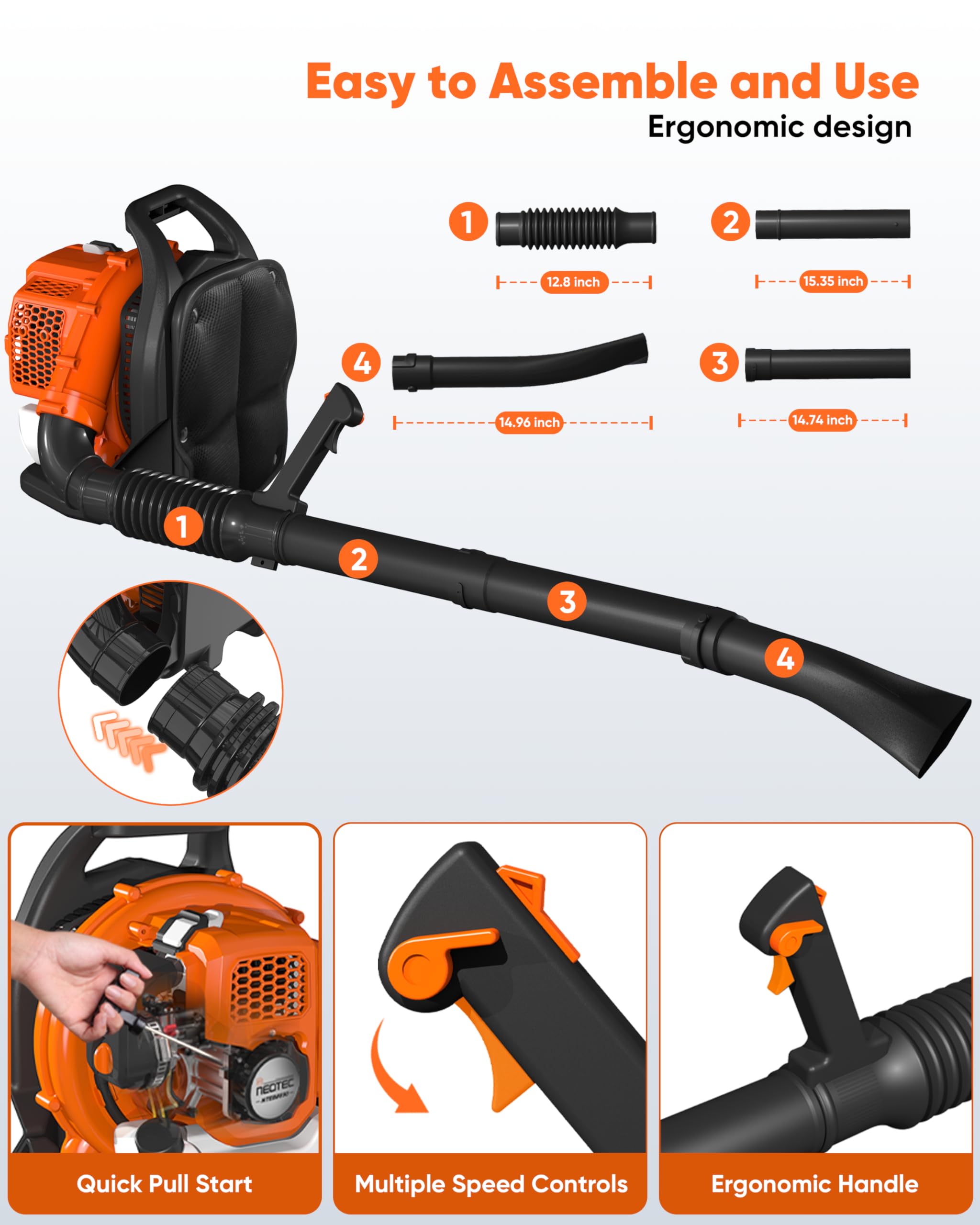 Neo-TEC blower supports gutters and beds, ideal for precise cleanup.