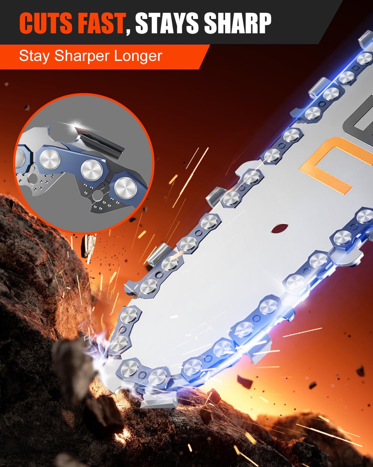 Heat-treated rivets on NEO-TEC chain help maintain cutting efficiency longer.
