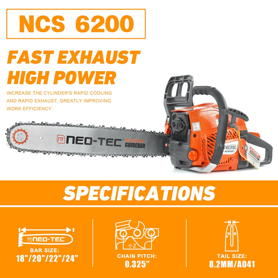 NEO-TEC NCS6200 20-inch bar and chain designed for fast, precise cuts