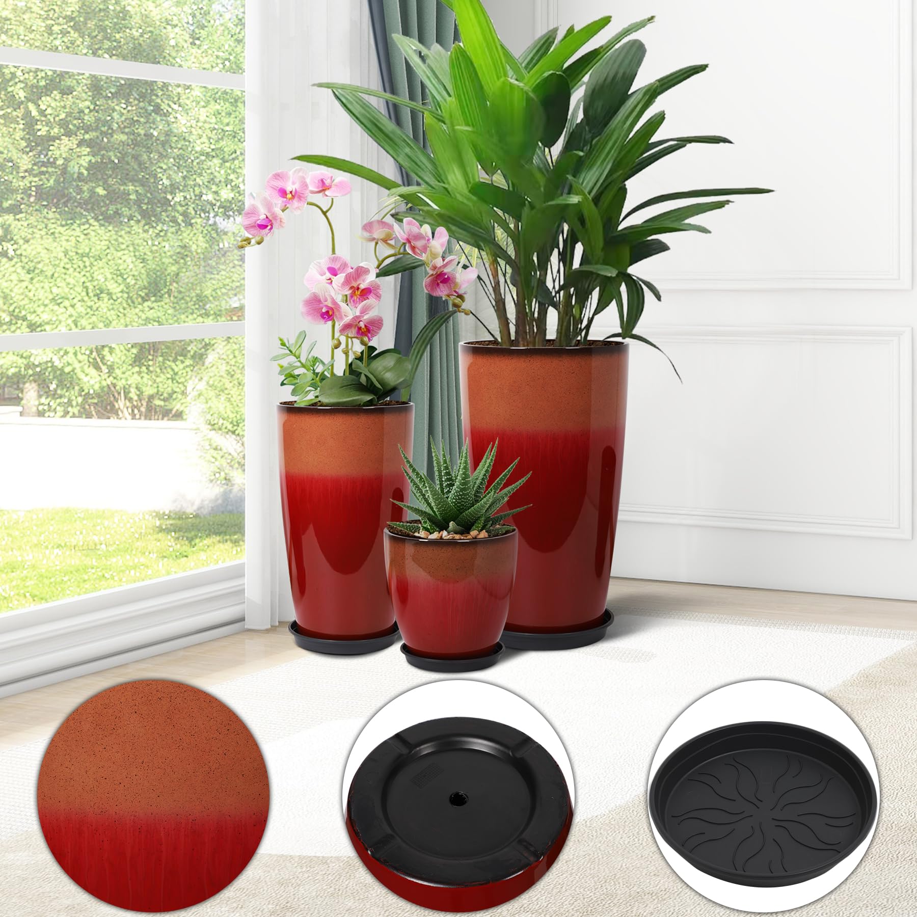 Neoaider fiery red 21-inch planter texture emphasizes ceramic-look elegance