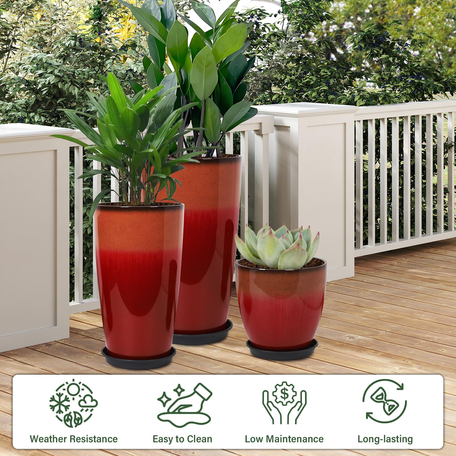 Neoaider fiery red 24-inch planter side view shows sturdy outdoor resilience
