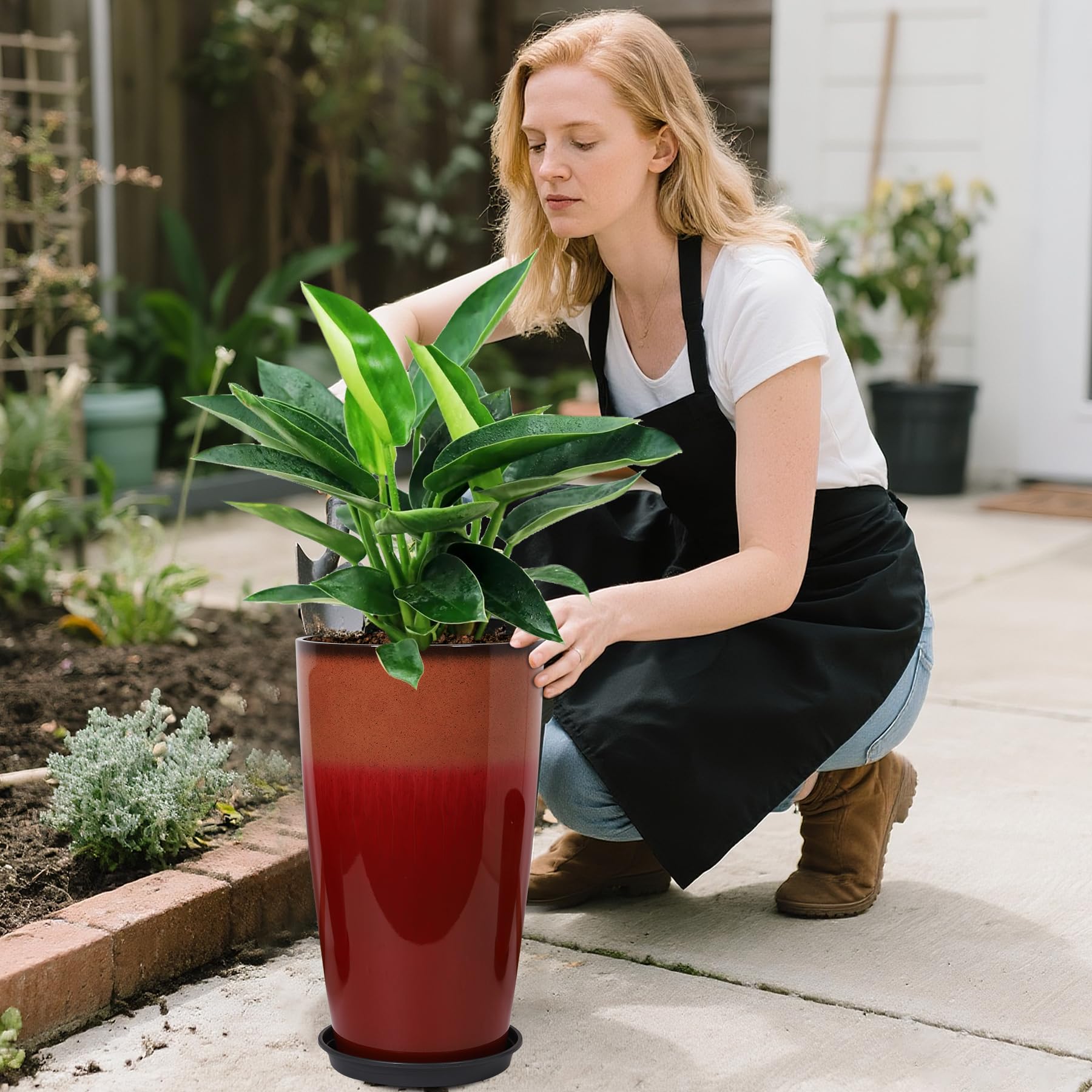 Neoaider fiery red planter drainage closeup highlights water management