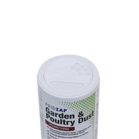 Dust applied to vegetables and garden plants using Prozap Garden & Poultry Dust for pest protection.