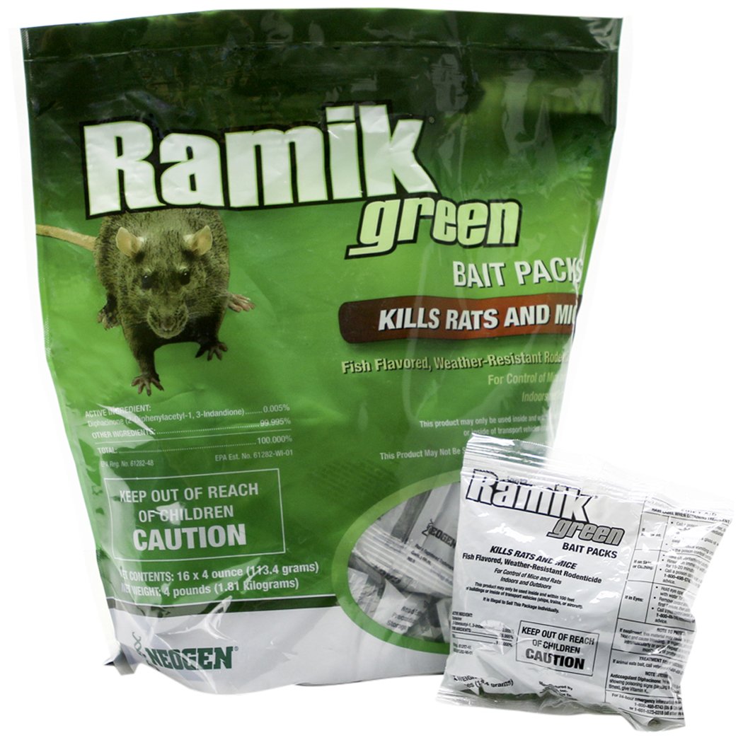 Neogen Ramik Green Nuggets pack in a pouch for weather-ready rodent control