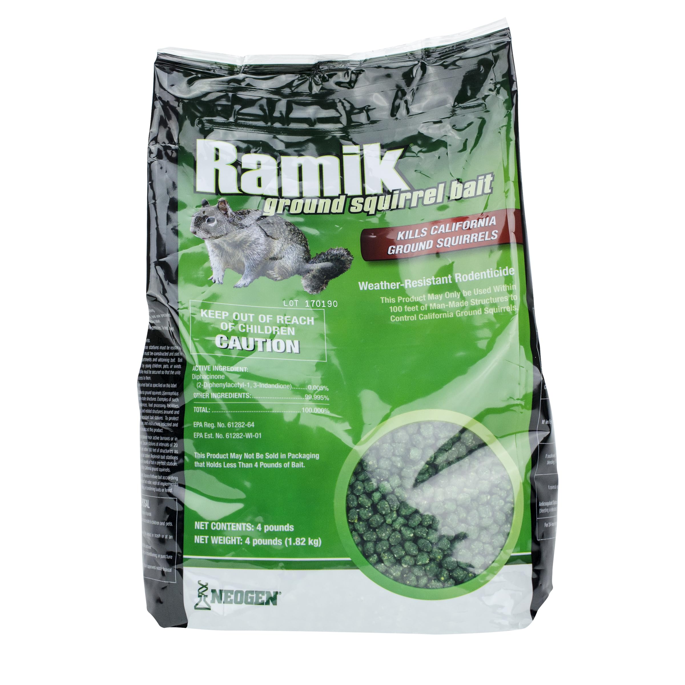 Neogen Ramik Ground Squirrel Bait pellet for outdoor use, weather-resistant and long-lasting.