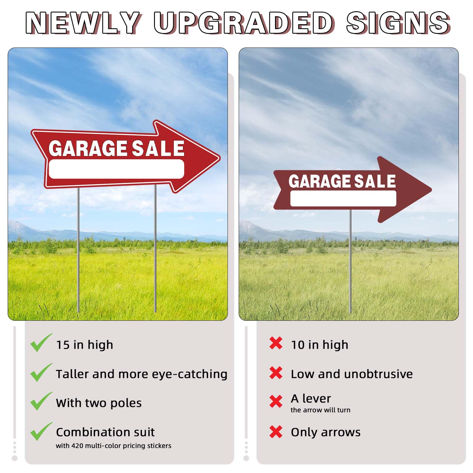 Neon pricing stickers in four colors attract attention and clarify values