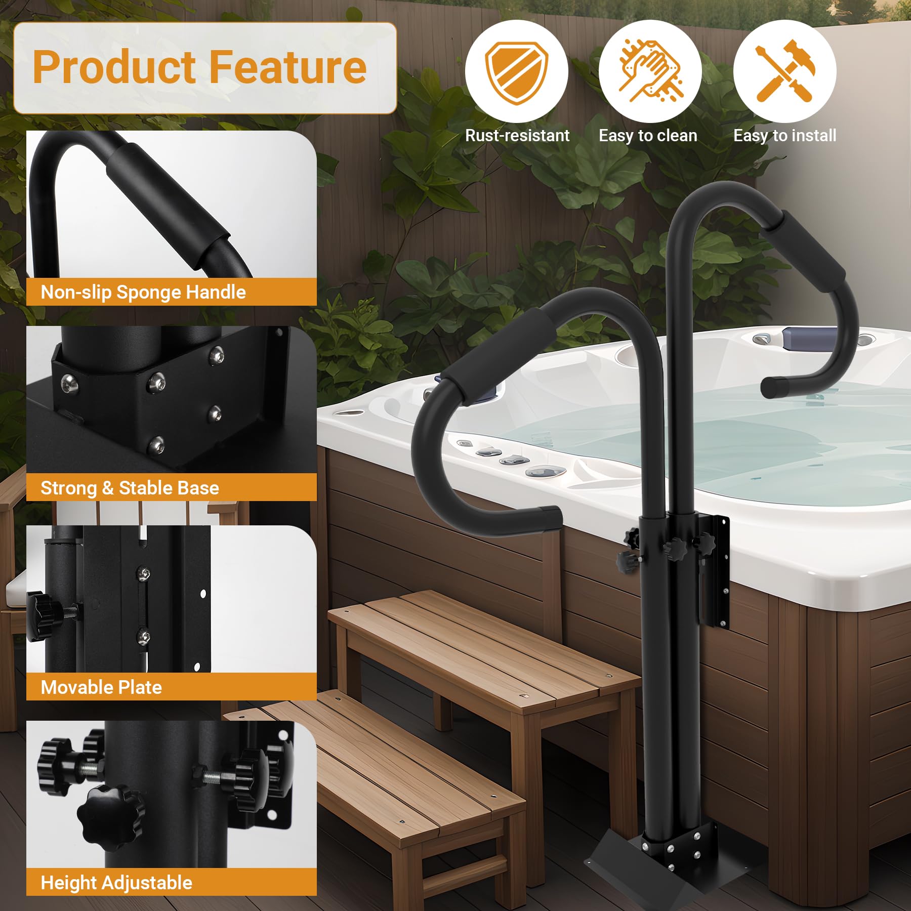 Neorexon handrail adjusts from 38 to 58 inches for different users.