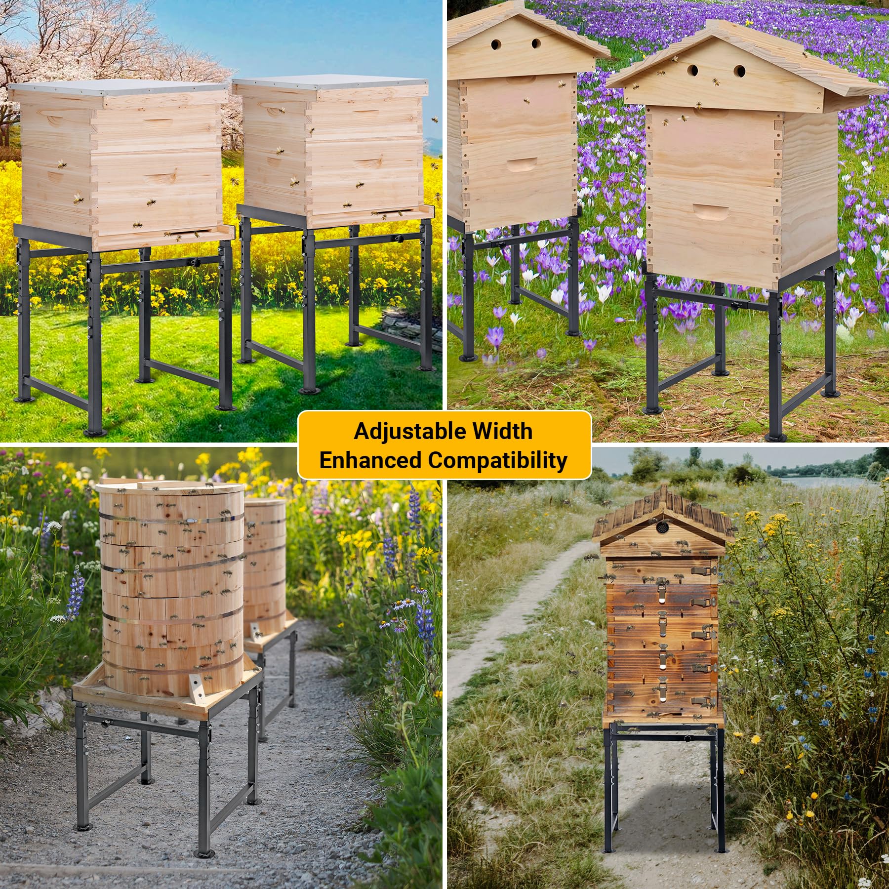 Neorexon adjustable beehive stand promotes airflow and moisture control.