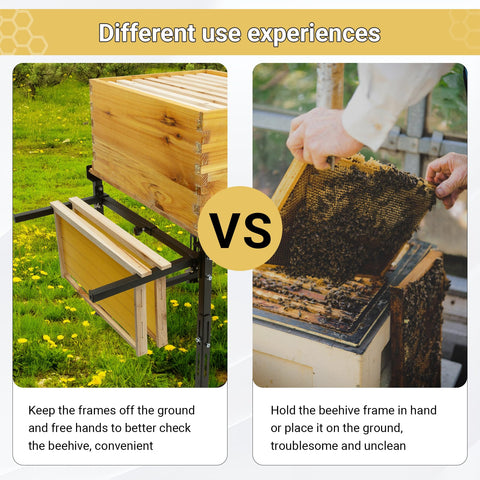 Neorexon hive stand used by a beekeeper outdoors for practical hive setup.