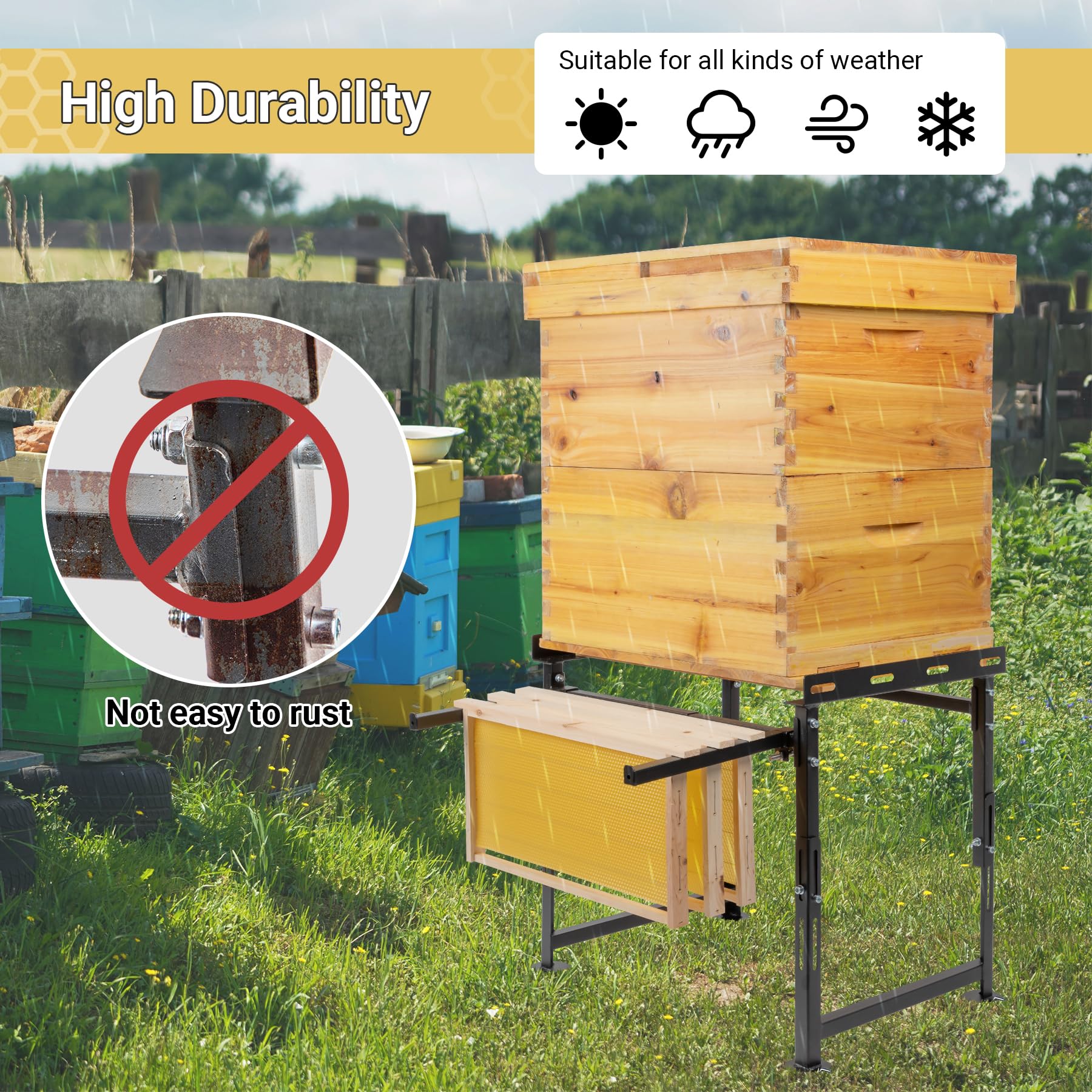 Neorexon hive stand detachable frame rack offers hands-free frame handling during checks.