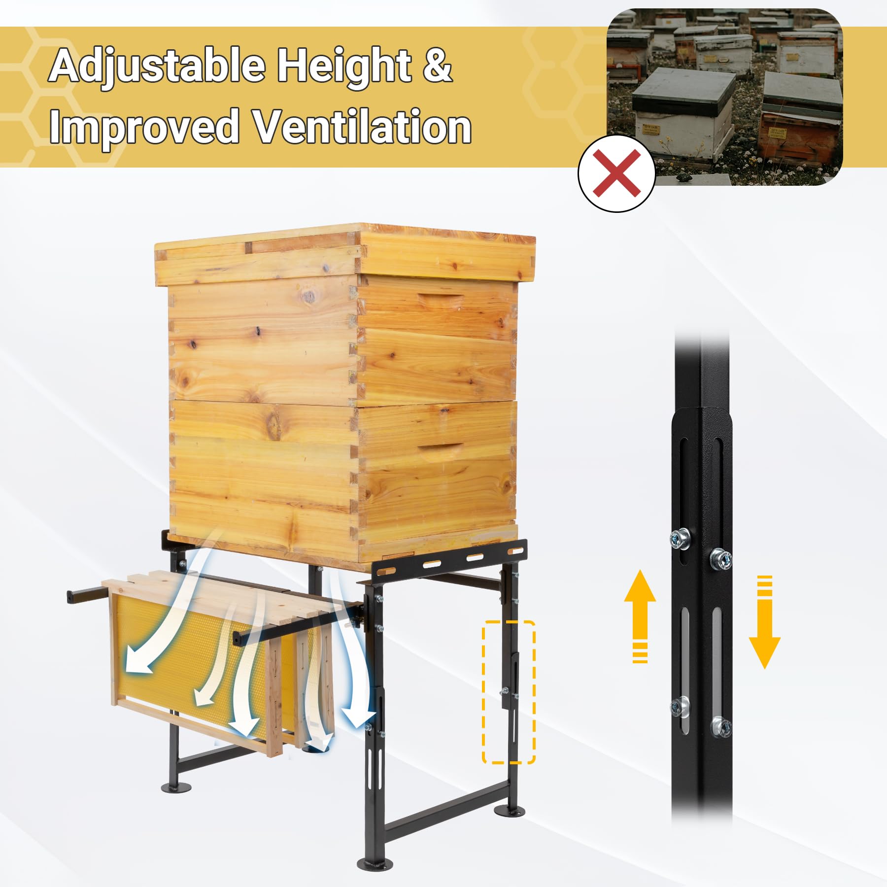 Neorexon hive stand ground stakes anchor for wind resistance and stability.