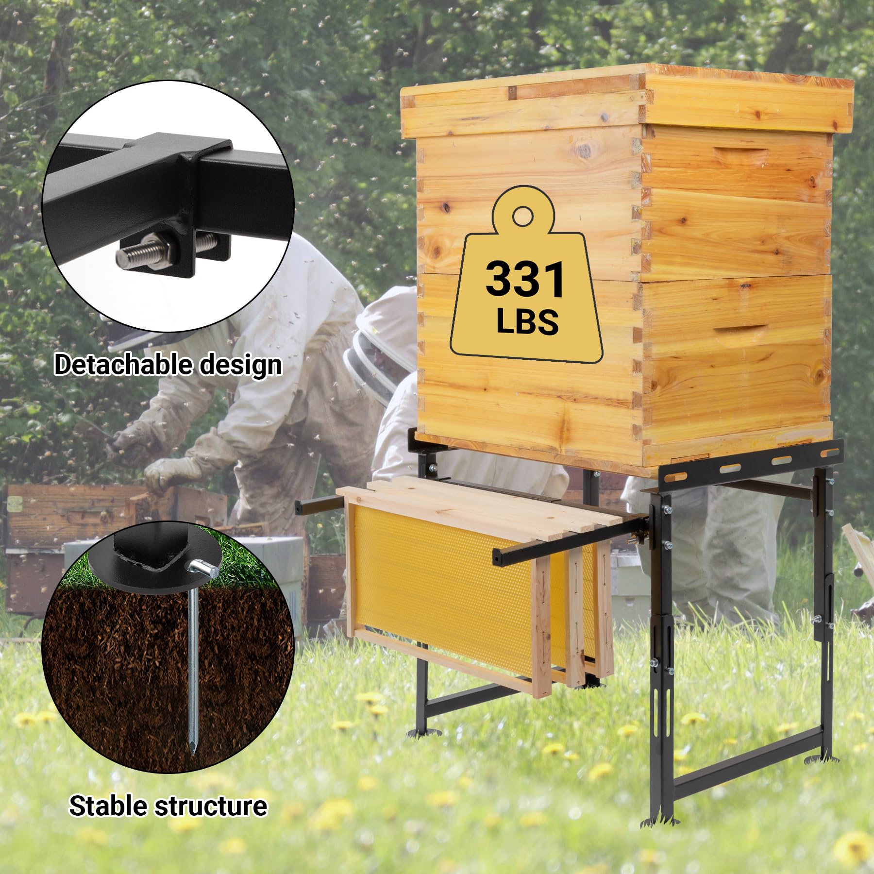 Neorexon hive stand stable-base keeps hive from tipping on uneven terrain.