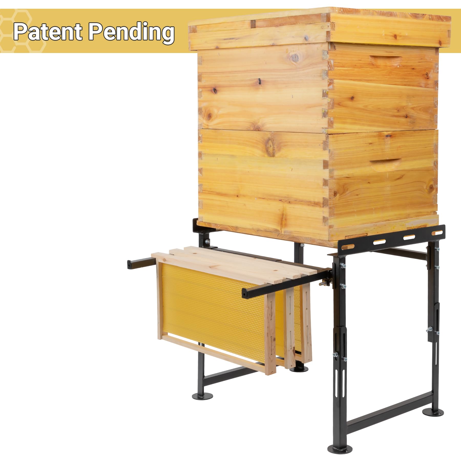 Neorexon hive stand width adjustment enables compatible fit with standard hives.