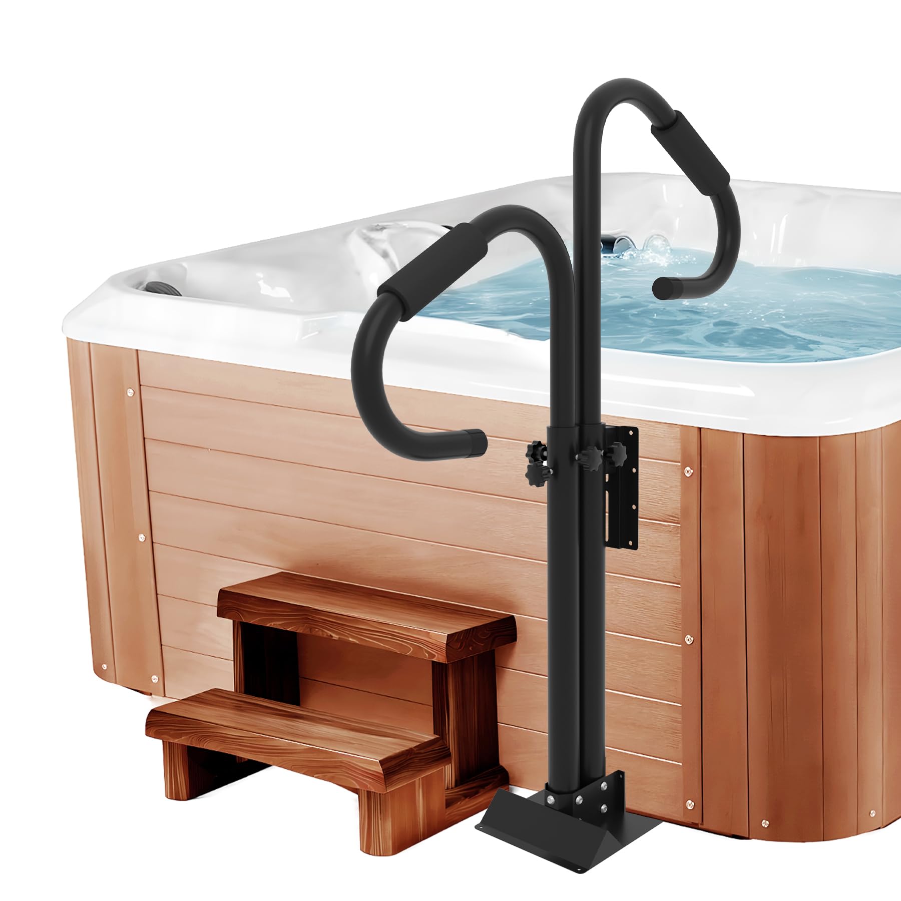 Neorexon two-way hot tub handrail with adjustable height for easy entry.