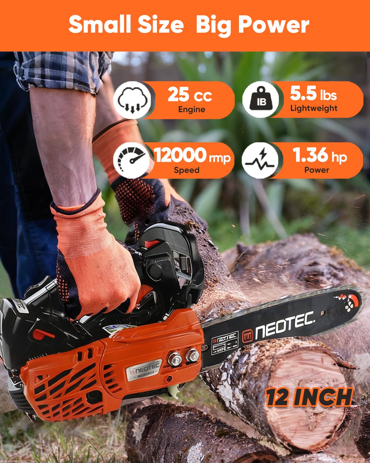 NEOTEC top-handle chainsaw side view highlighting lightweight handling