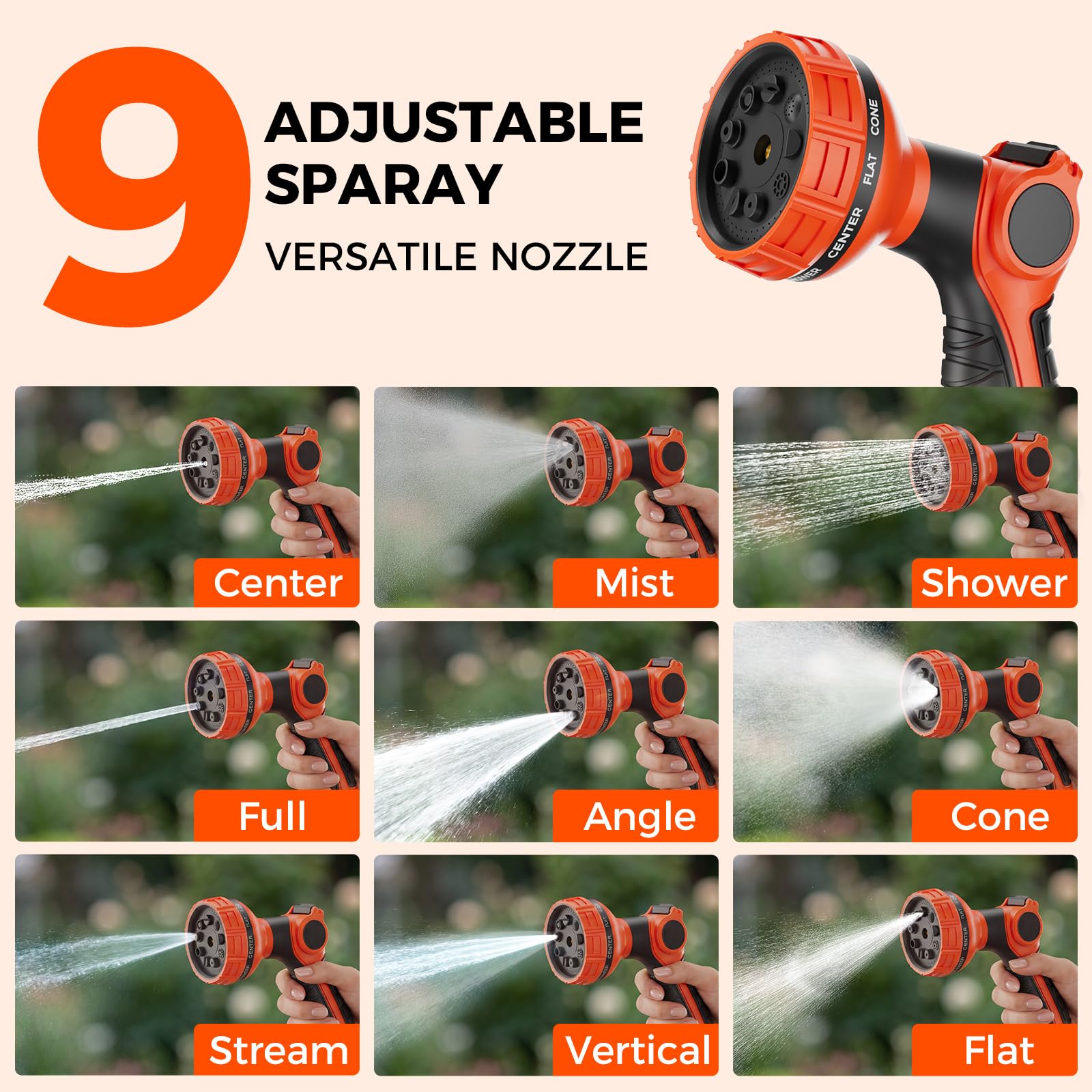 NEOTEC 9-pattern nozzle provides versatile spraying for plants and surfaces.