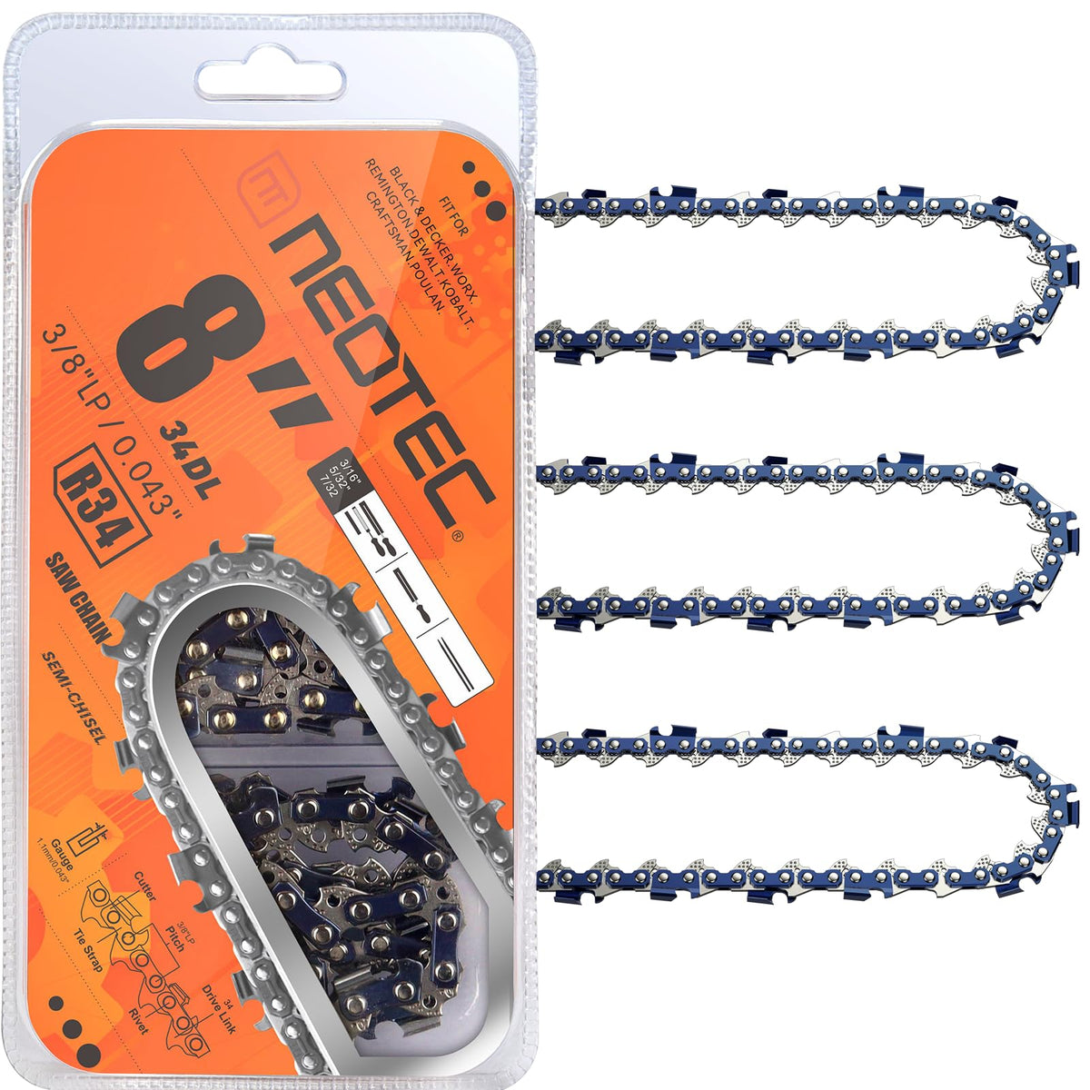 NEO-TEC DeWalt pole saw chain 8 inch, 3/8 LP, .043 gauge for clean cuts