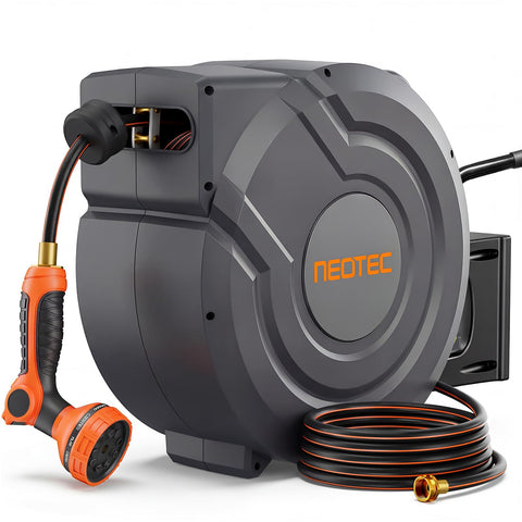 NEOTEC retractable hose reel with 150 ft reach for easy watering and organization