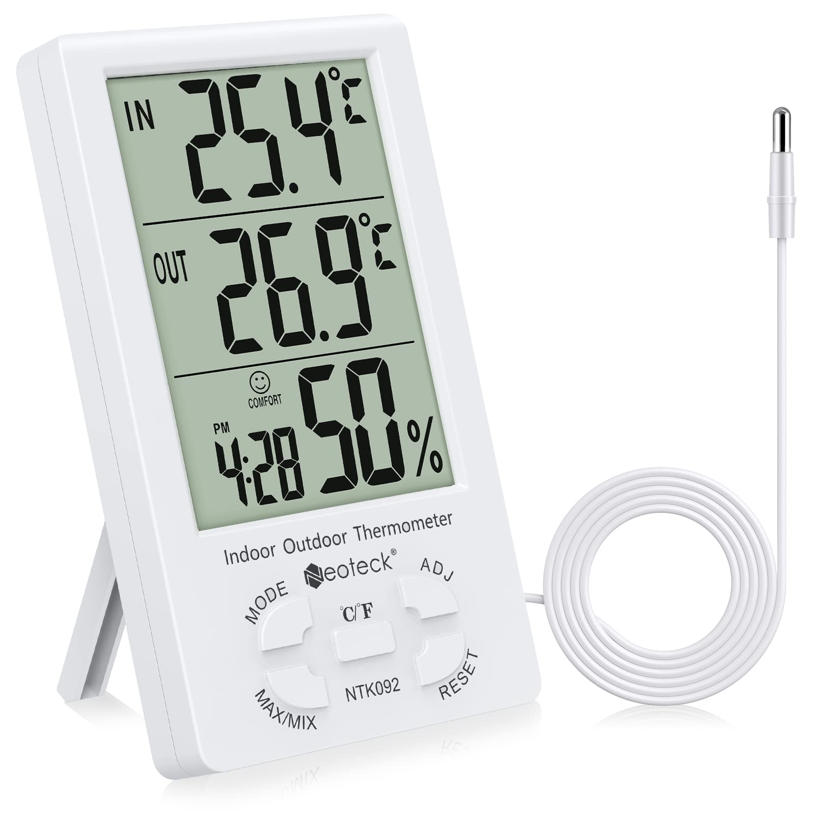 Neoteck 3in1 thermometer-hygrometer display with clear indoor/outdoor readings