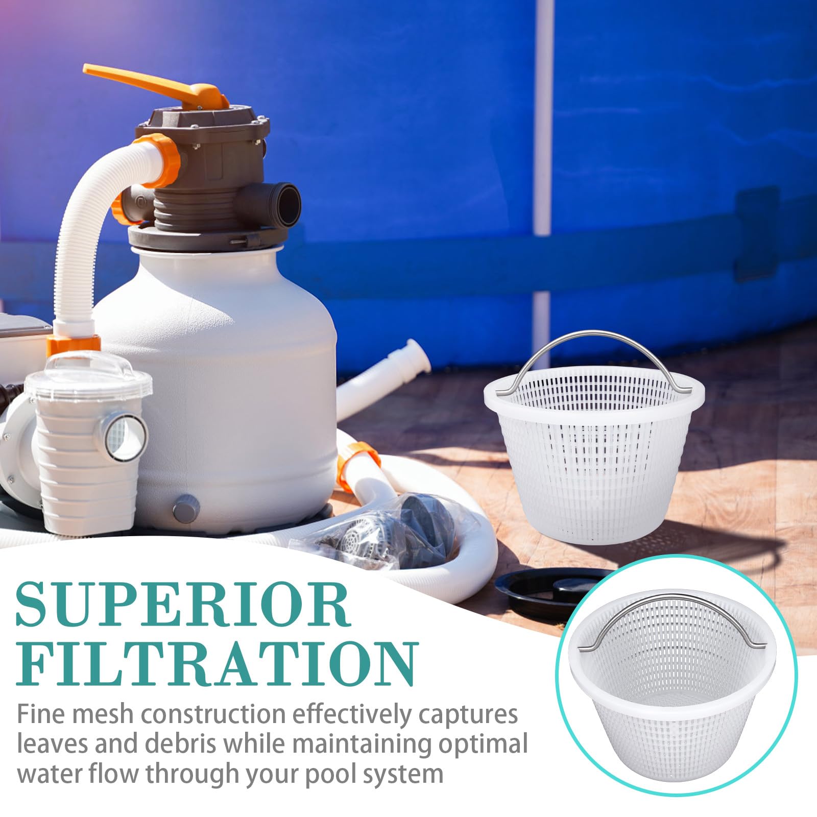 Neowah pool skimmer basket fine mesh filtration captures leaves while preserving water flow.