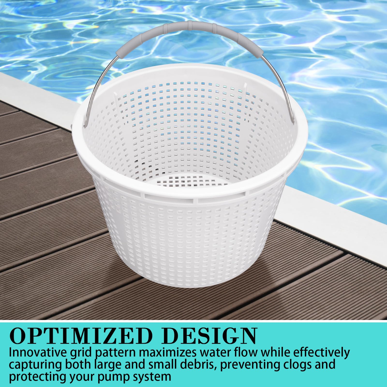 Neowah skimmer basket handle with rubber grip for easy removal.