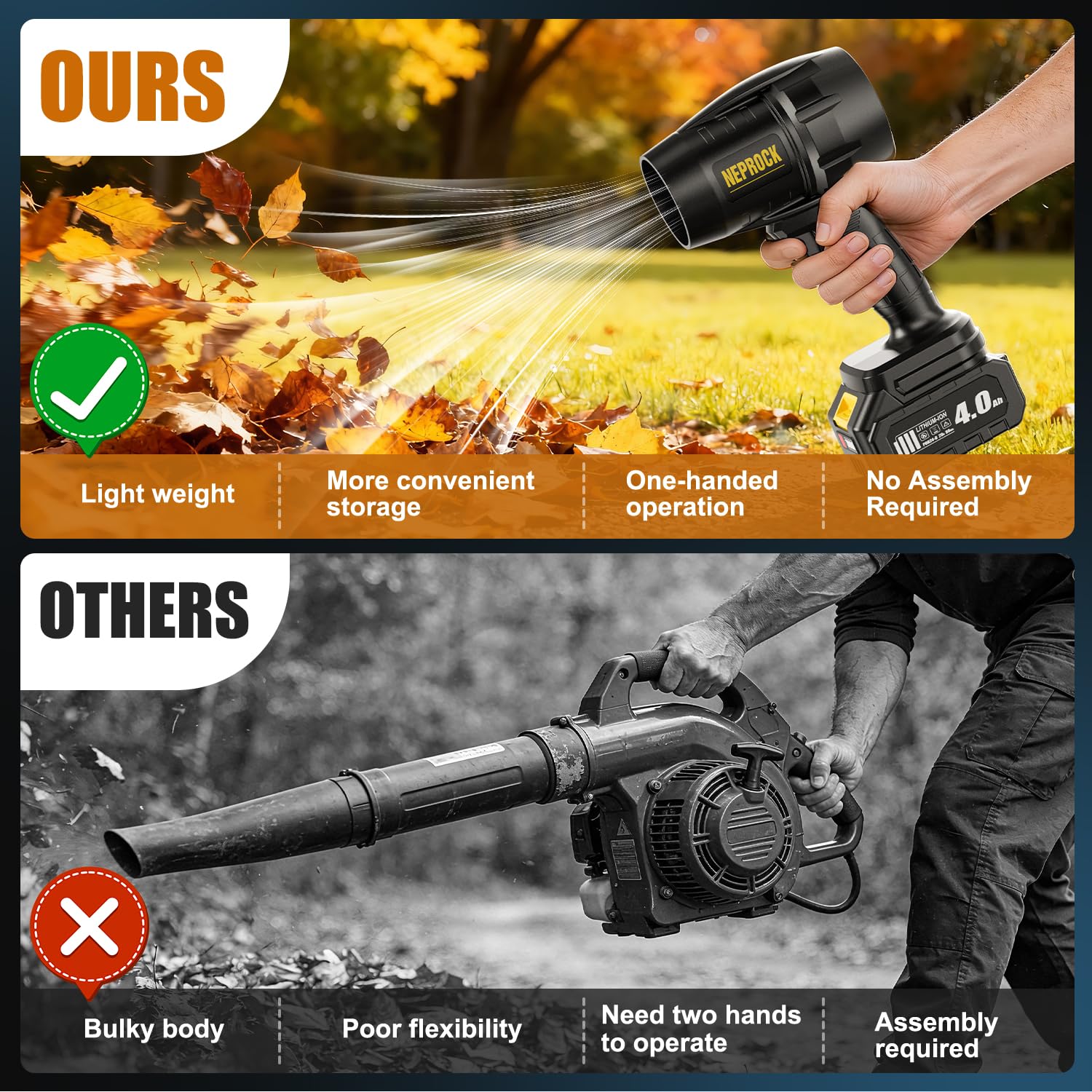 Neprock cordless leaf blower in hand demonstrates one‑handed use for comfortable cleanup